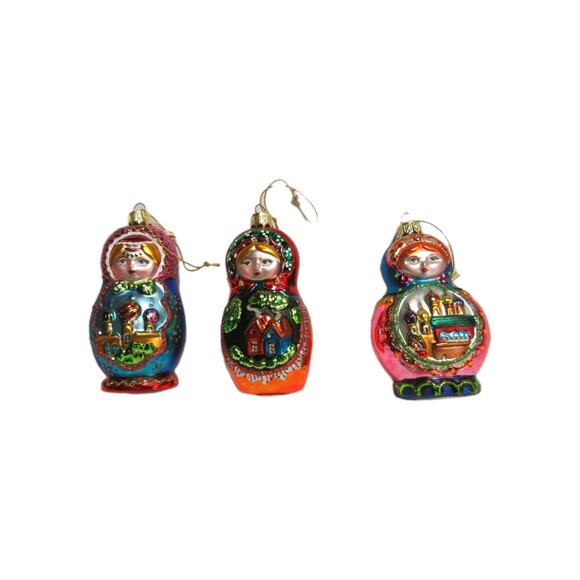 Russian Nesting Doll Glass Ornaments Set Of 3 SMITHSONIAN INSTITUTION 5" Tall